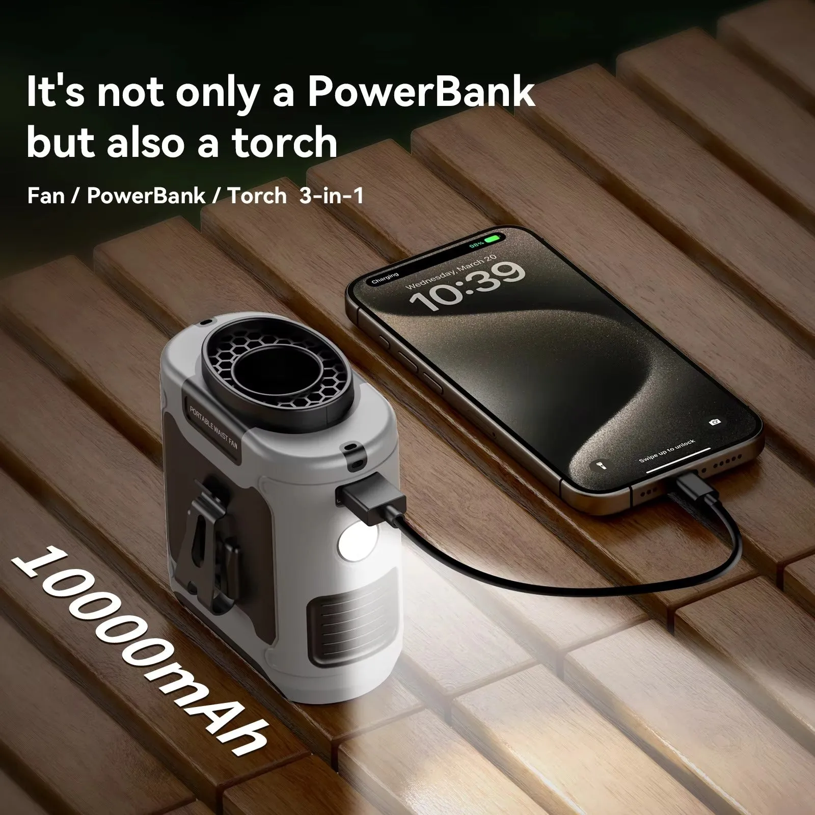10000mAh Portable Waist Fan | Hanging Neck Fan | Strong Wind | Power Bank & LED Light | Emergency Sports & Outdoor Use