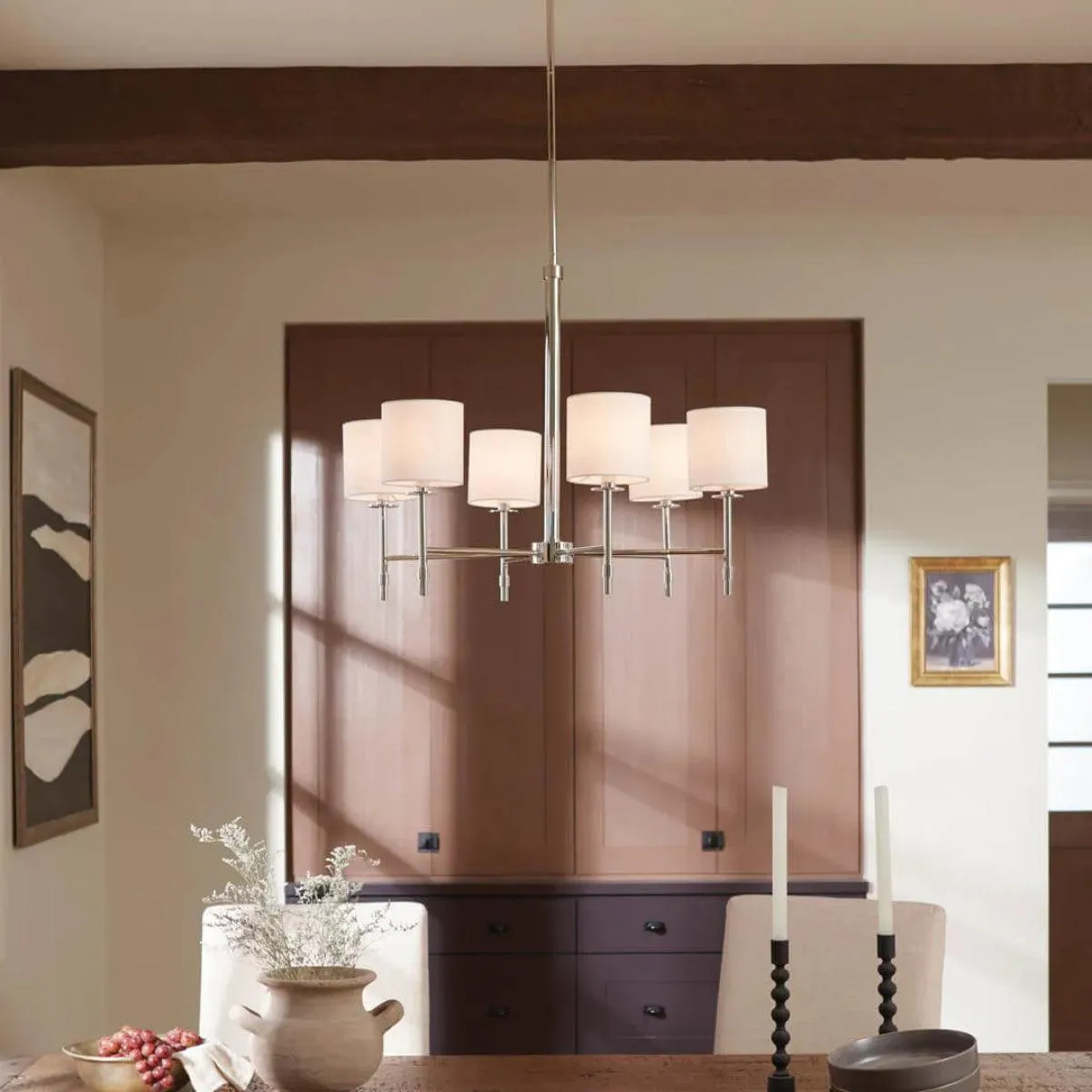 Ali 28" 6-Light Chandelier with Fabric Drum Shade, Polished Nickel Finish