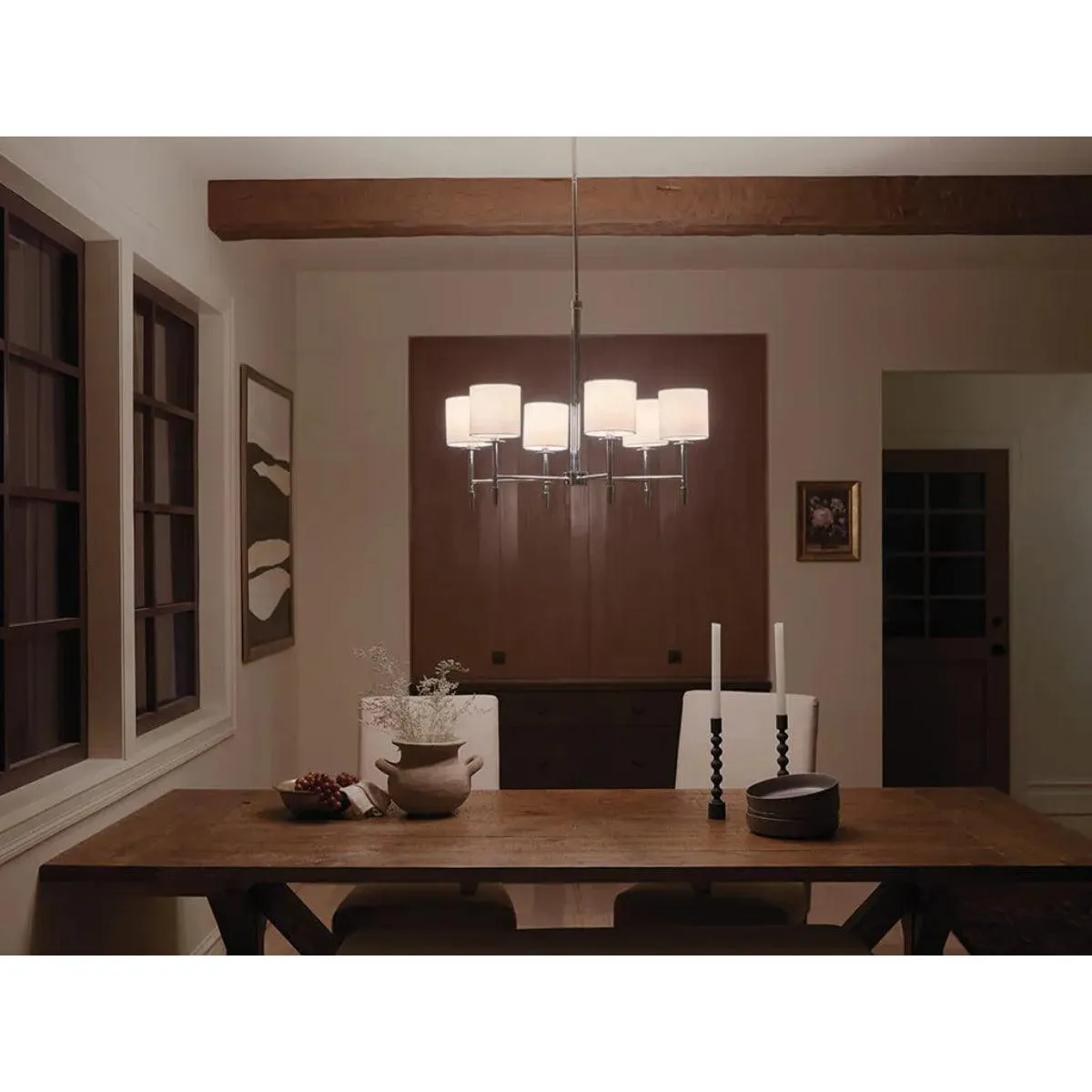 Ali 28" 6-Light Chandelier with Fabric Drum Shade, Polished Nickel Finish