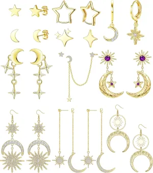 Drperfect 11 Pairs Star And Moon Earrings For Women Sun And Moon Celestial Earrings Hypoallergetic Y2k Starburst Crescent Space Huggie Hoop Stud Dangle Earring Set Gold Silver
