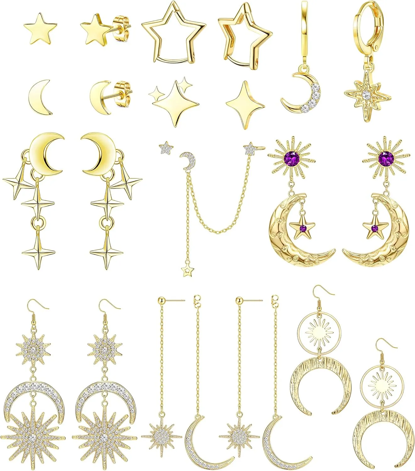 Drperfect 11 Pairs Star And Moon Earrings For Women Sun And Moon Celestial Earrings Hypoallergetic Y2k Starburst Crescent Space Huggie Hoop Stud Dangle Earring Set Gold Silver