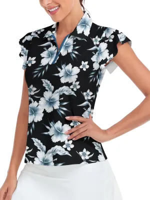 Floral Petal Ruffle Sleeve Quarter-Zip Golf Shirt For Women
