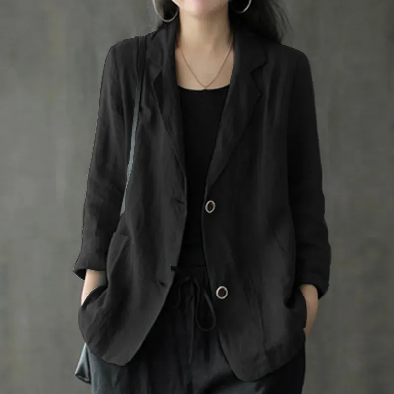 jf23 Women Lapel Neck Long Sleeve Blazer Autumn Vintage Casual Solid Cotton Blazer Elegant Cardigan Thin Coats Work Suits