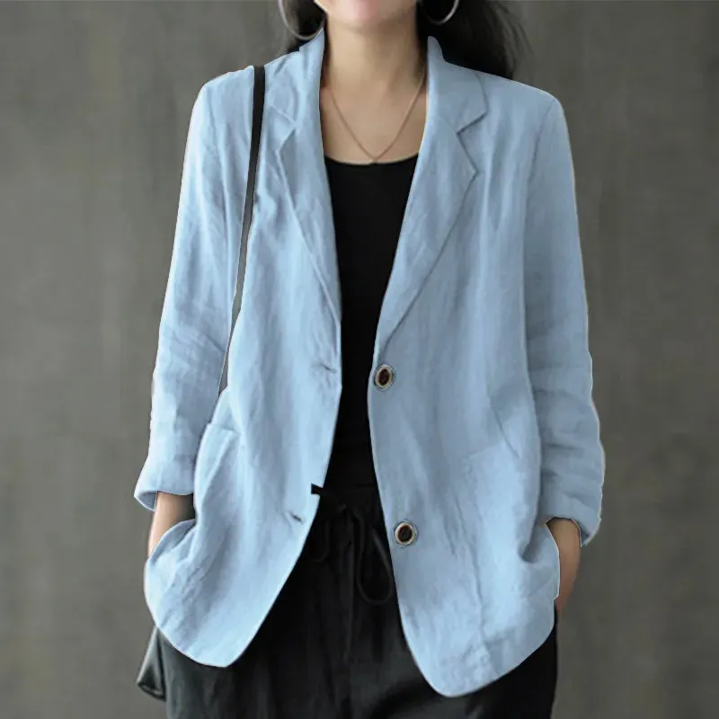 jf23 Women Lapel Neck Long Sleeve Blazer Autumn Vintage Casual Solid Cotton Blazer Elegant Cardigan Thin Coats Work Suits