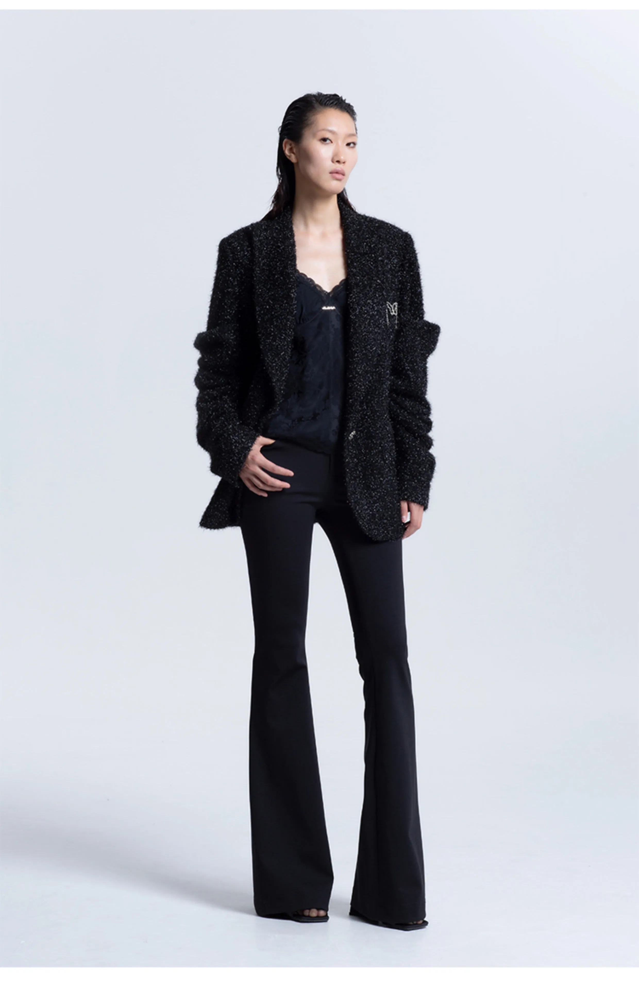 LEDIM W sutumn bright silk pleated black blazer jacket - Isy