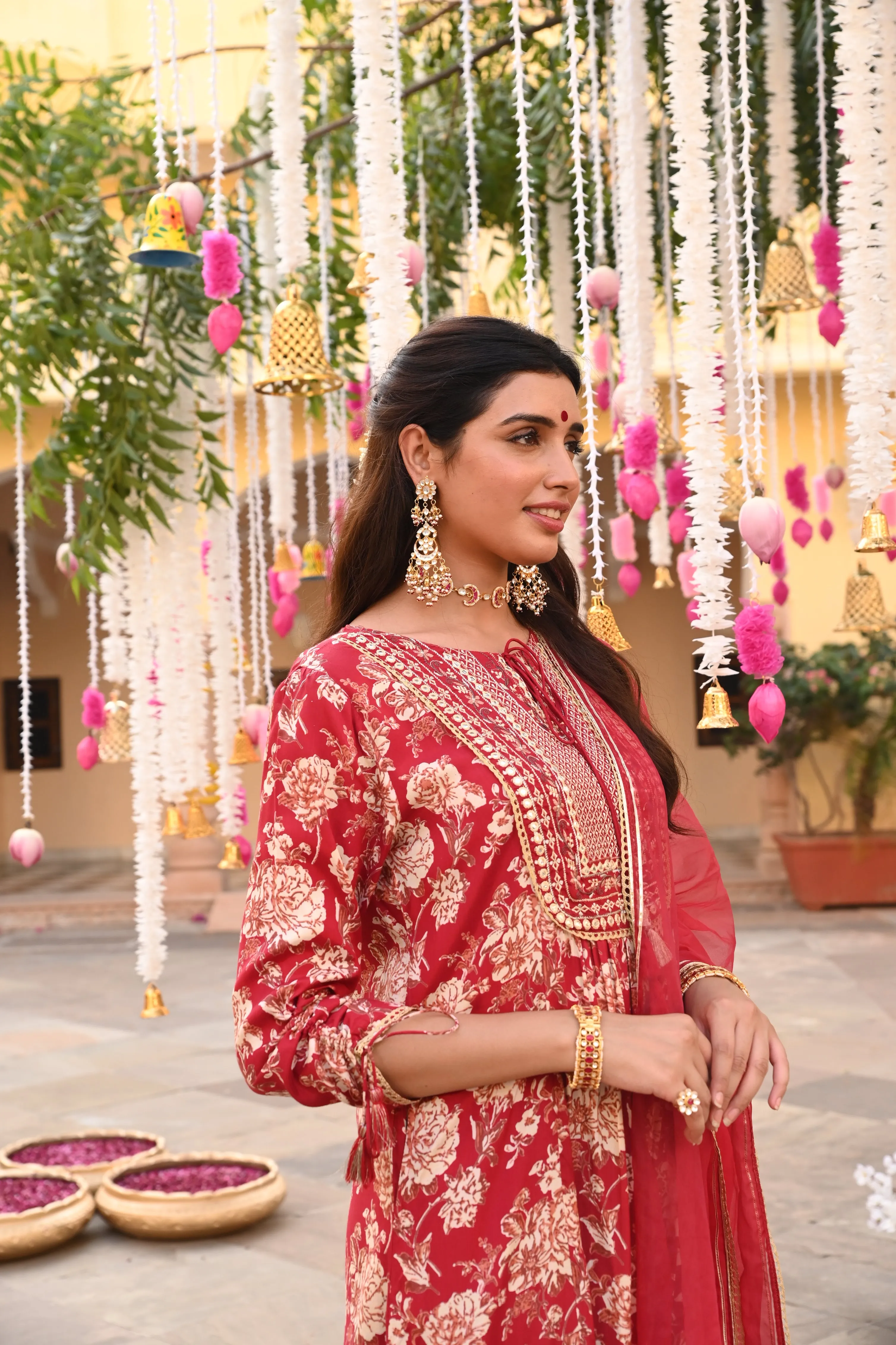 Maroon Embroidered Festive A-Line Kurta Pant Set With Dupatta