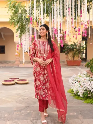 Maroon Embroidered Festive A-Line Kurta Pant Set With Dupatta