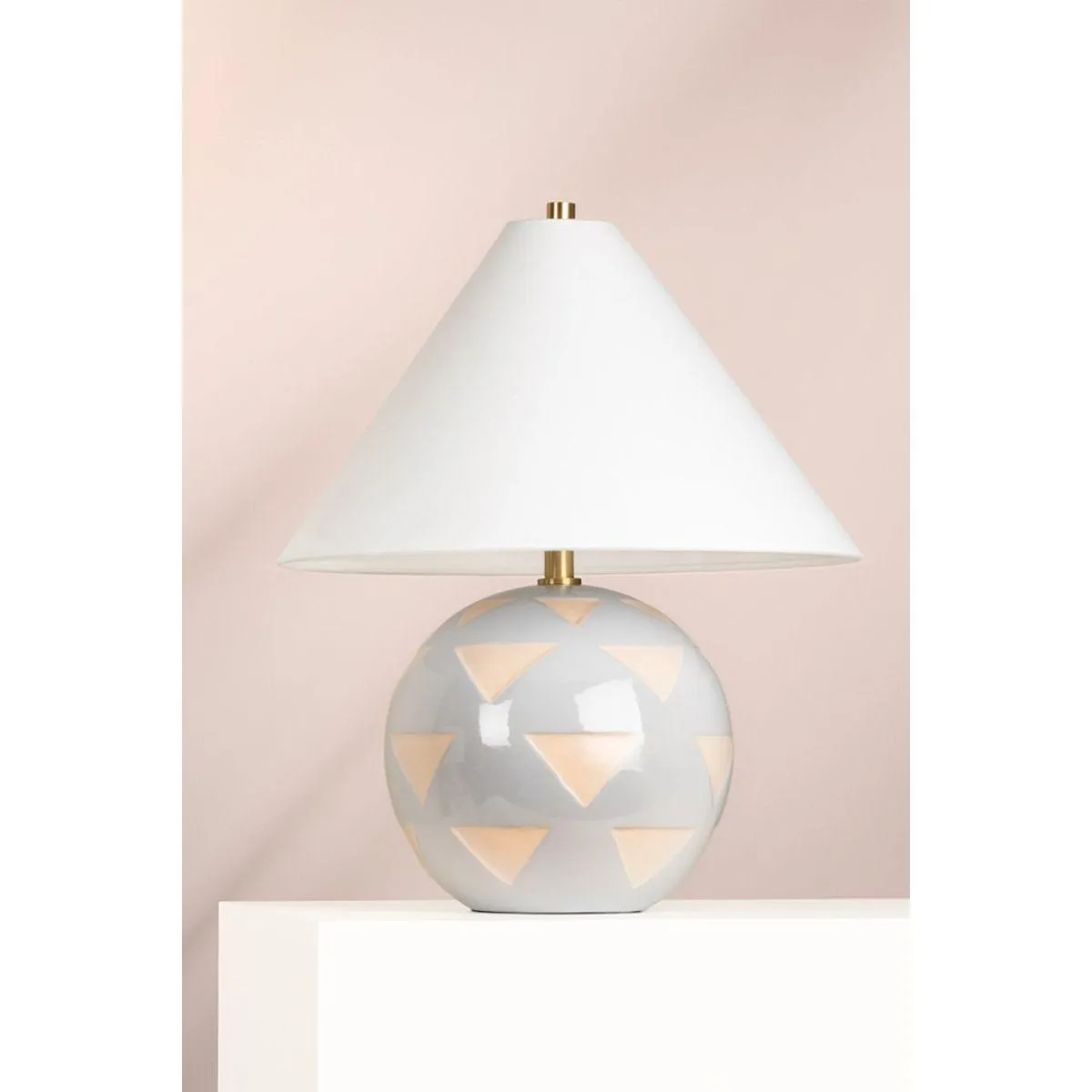 Minnie Round Table Lamp Ceramic Blue Geometric Pattern with Aged Brass Accents