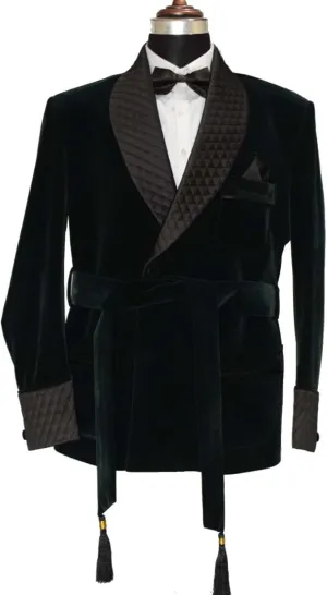 Pinkcityart Men's Elegant Quilted Green Velvet Smoking Jacket Hosting Evening Dinner Jacket Blazer (L)
