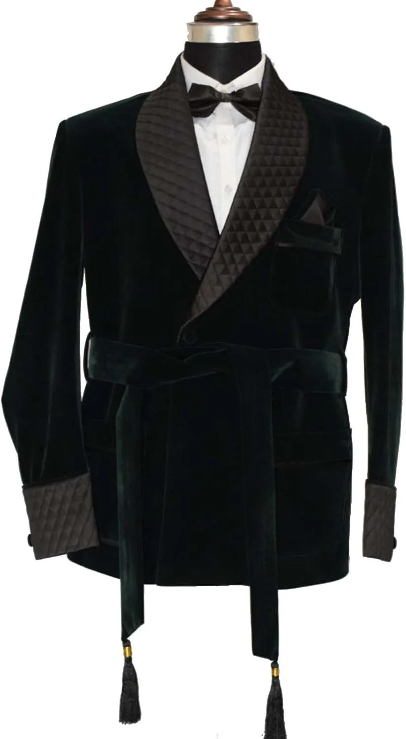 Pinkcityart Men's Elegant Quilted Green Velvet Smoking Jacket Hosting Evening Dinner Jacket Blazer (L)