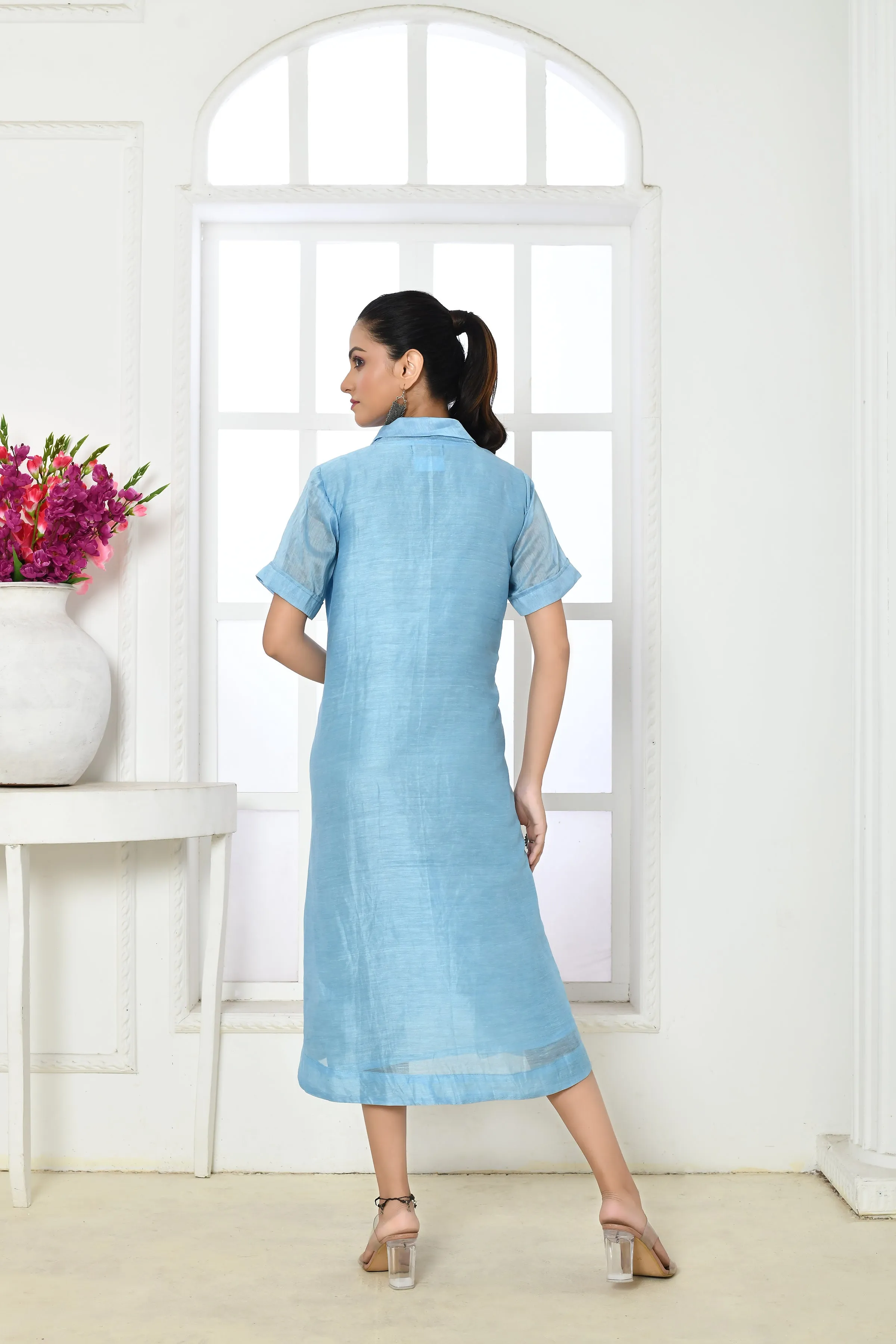 Powder Blue Linen Silk Calf-Length One-Piece Dress