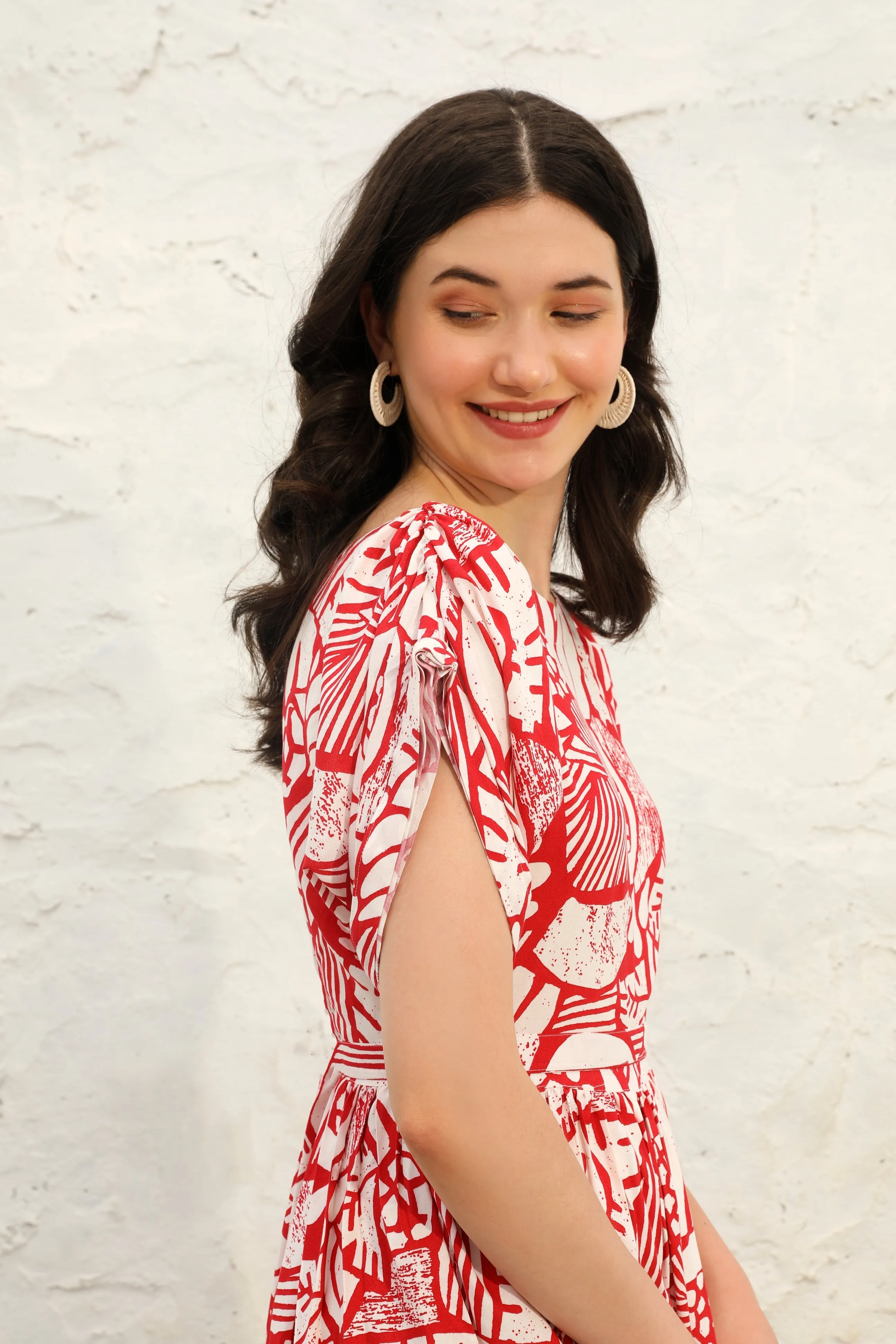 Red & White Rayon Asymmetrical Hemline Dress