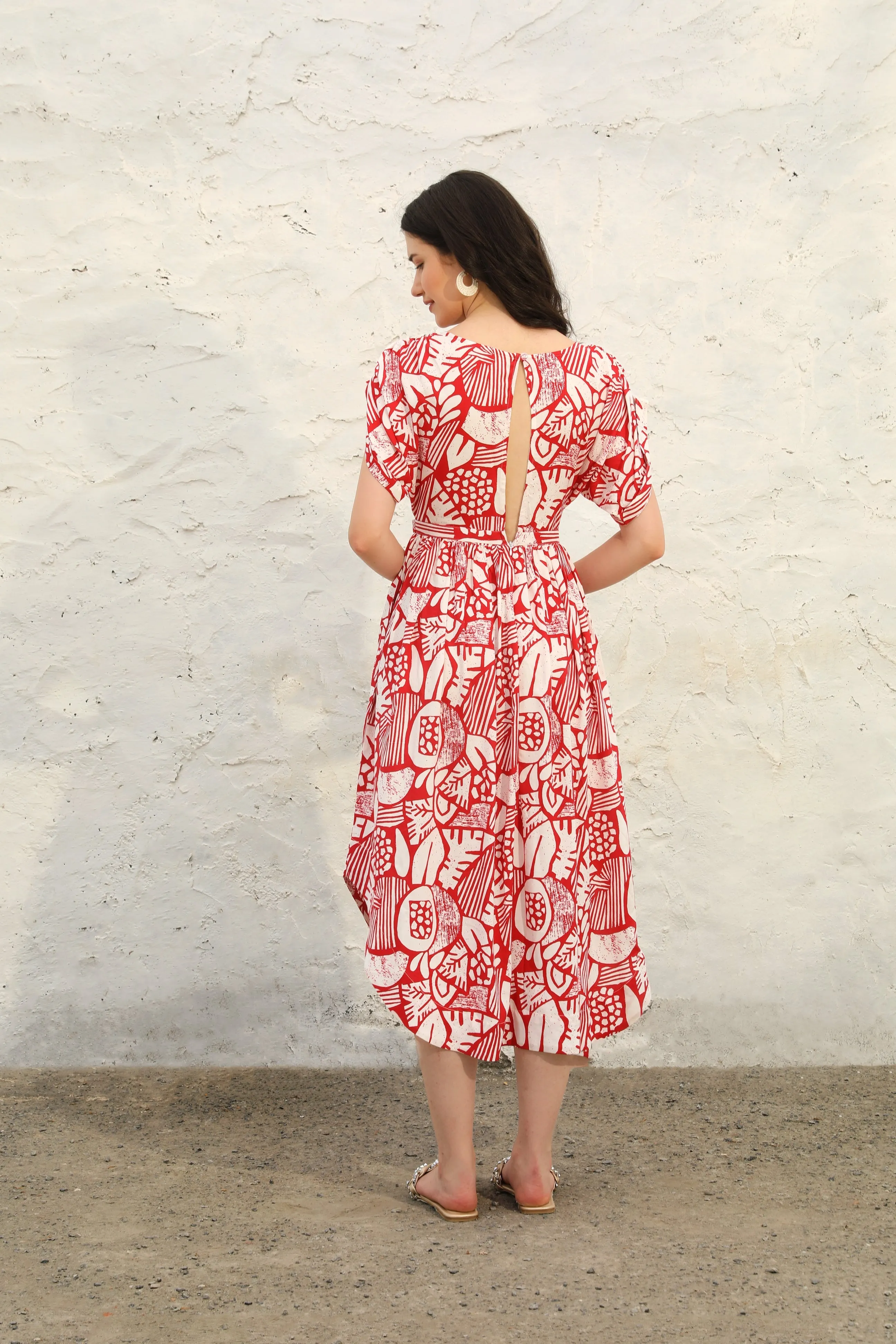 Red & White Rayon Asymmetrical Hemline Dress