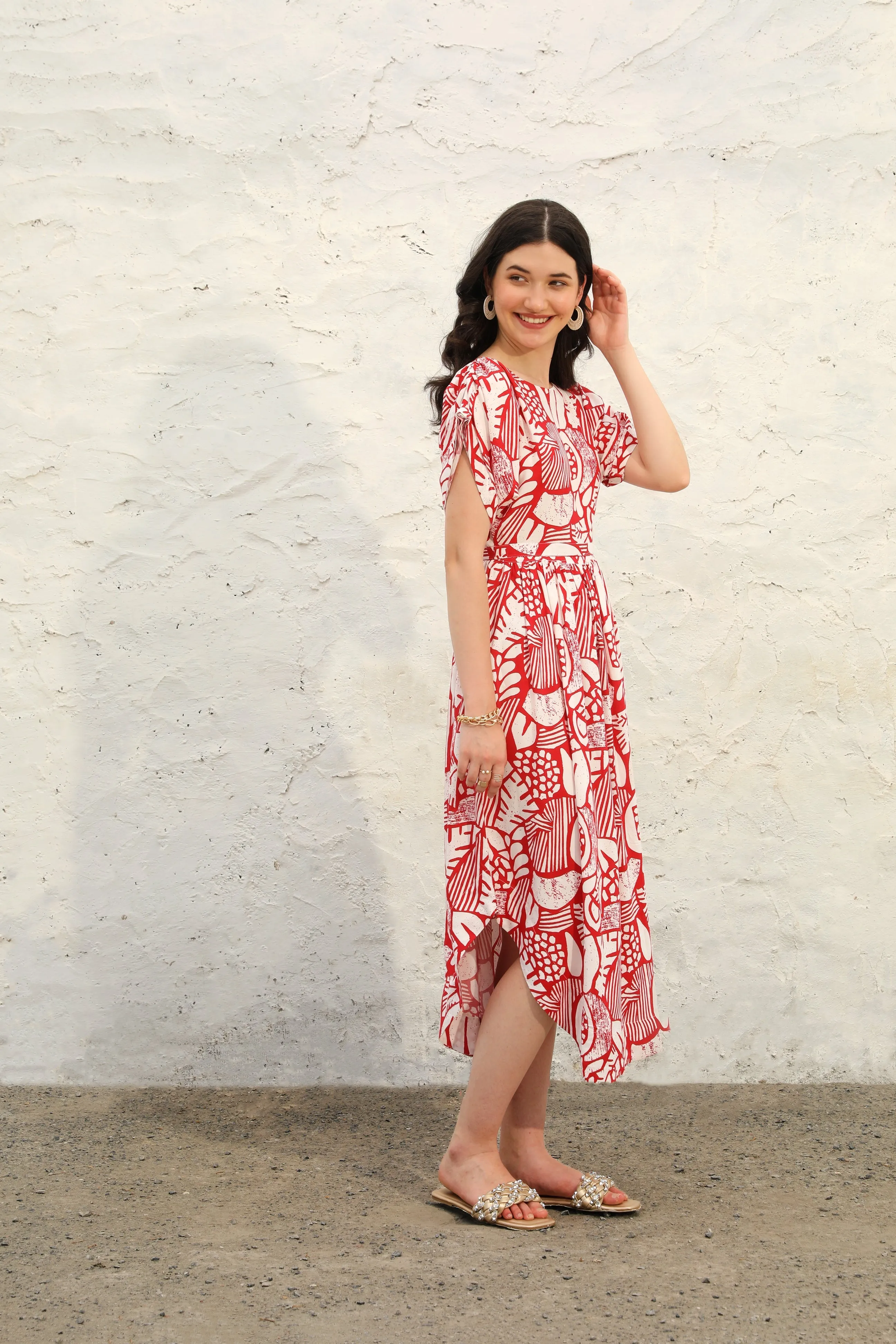 Red & White Rayon Asymmetrical Hemline Dress