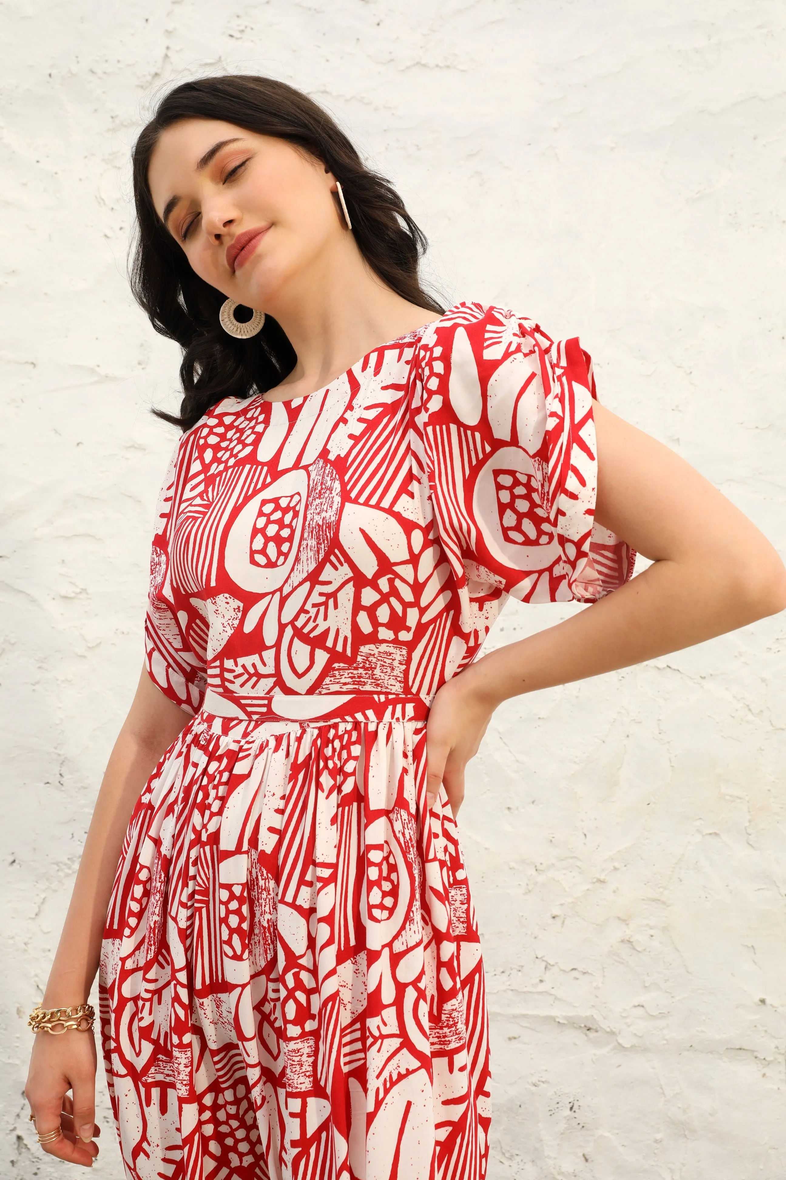 Red & White Rayon Asymmetrical Hemline Dress