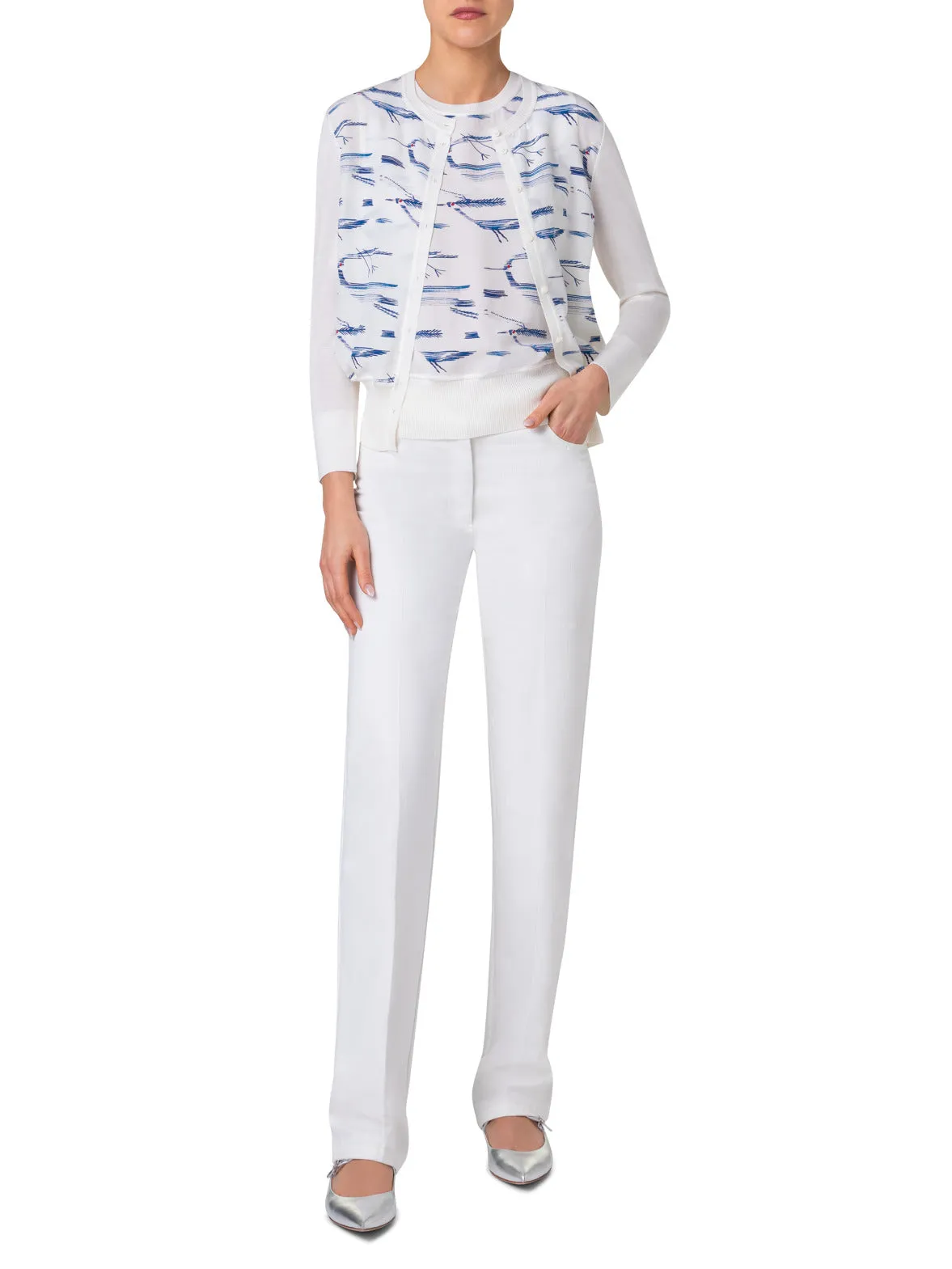 Silk Knit Cardigan with Kasuri Birds Print