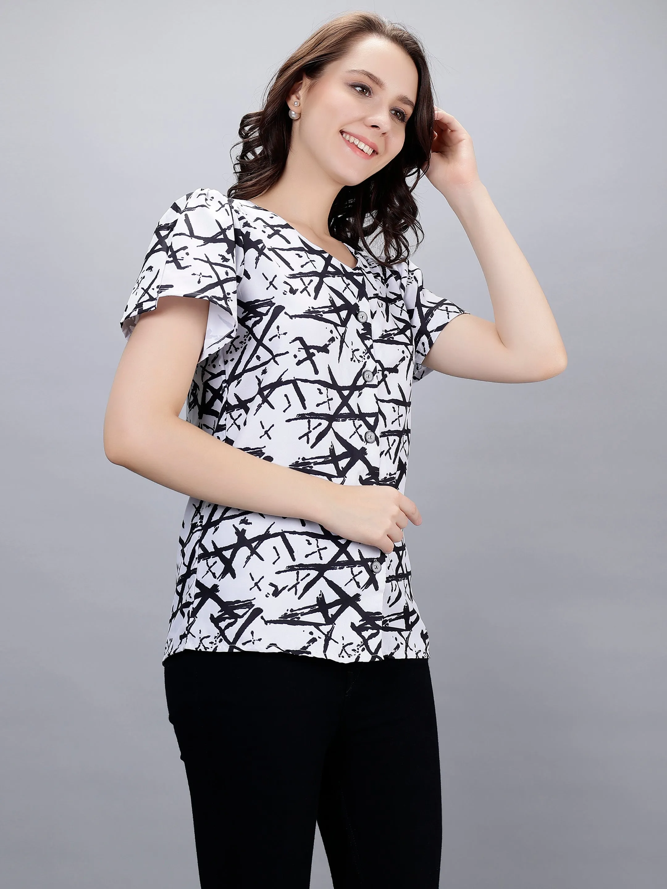 Striped Black Abstract Printed Regular Top