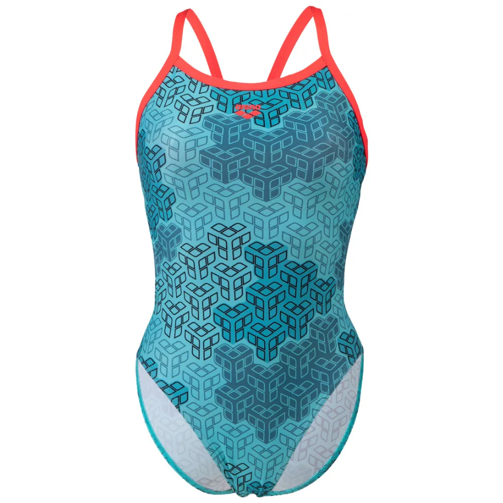 WOMEN'S ARENA SWIMSUIT CAMO KIKKO CHALLENGE BACK - FLUO RED/WATER MULTI