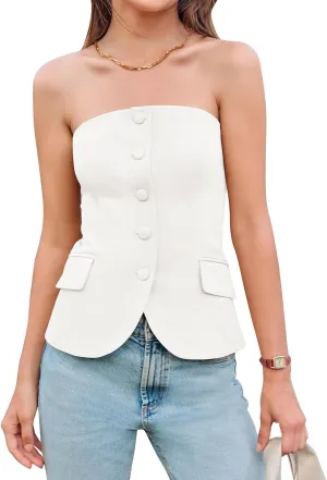 Yousify Womens Strapless Smocked Tube Top Sleeveless Button Fitted Blazer Vest 2025 Work Business Casual Tank Tops