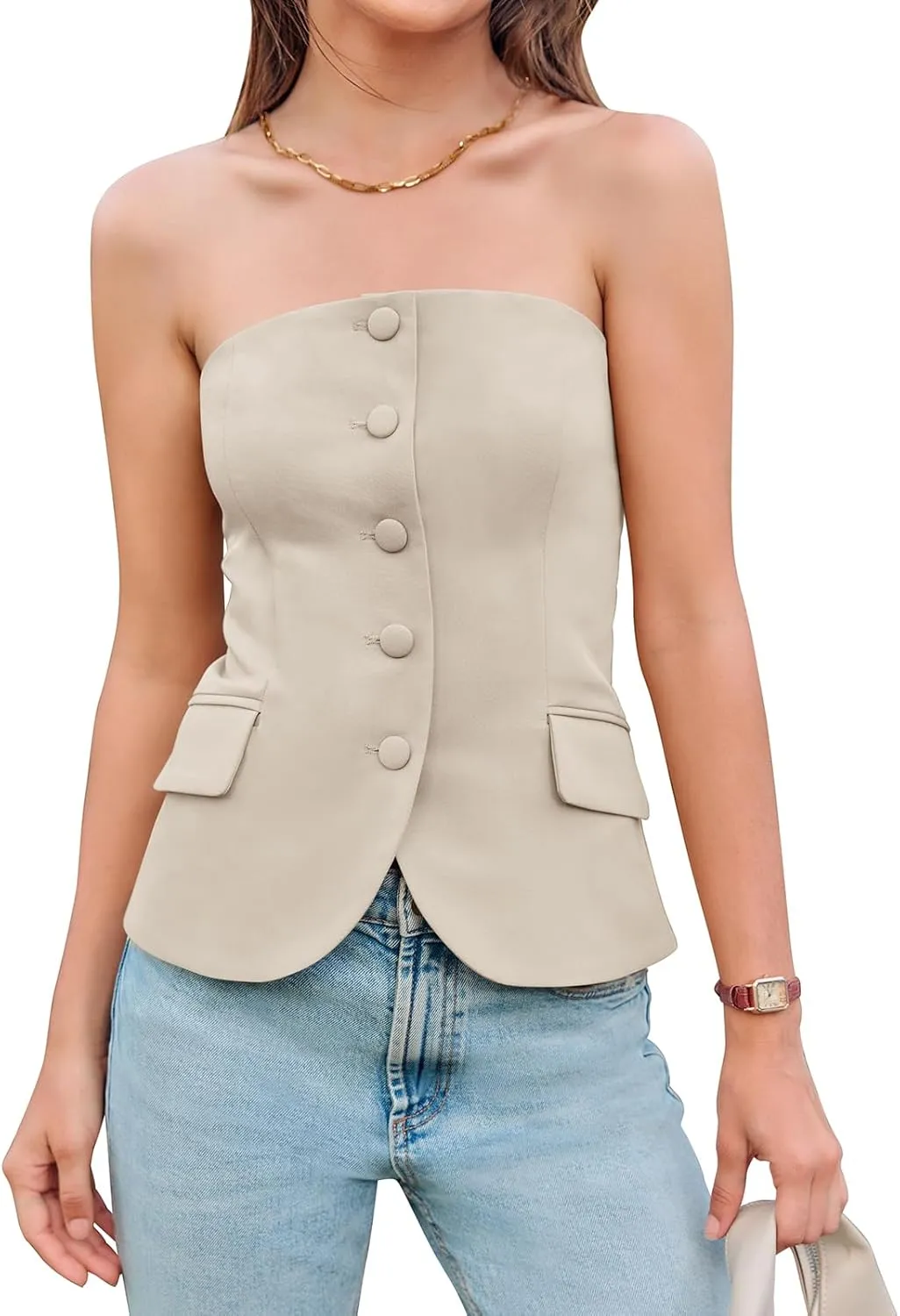 Yousify Womens Strapless Smocked Tube Top Sleeveless Button Fitted Blazer Vest 2025 Work Business Casual Tank Tops