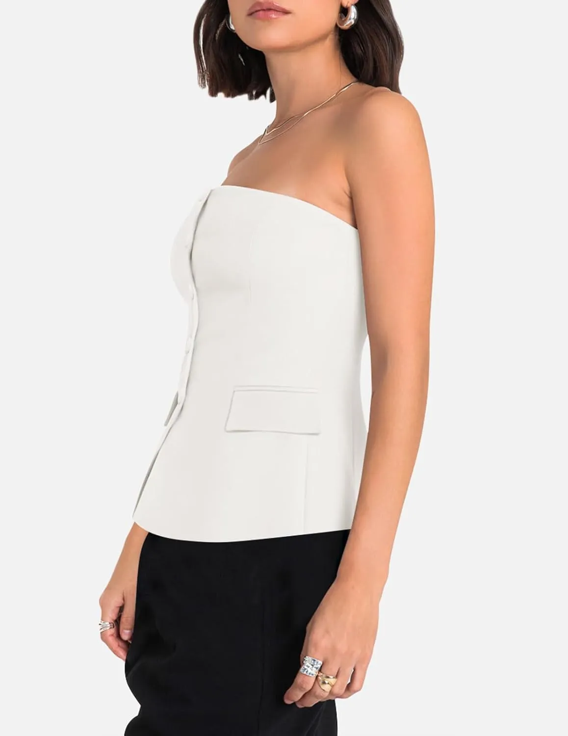 Yousify Womens Strapless Smocked Tube Top Sleeveless Button Fitted Blazer Vest 2025 Work Business Casual Tank Tops