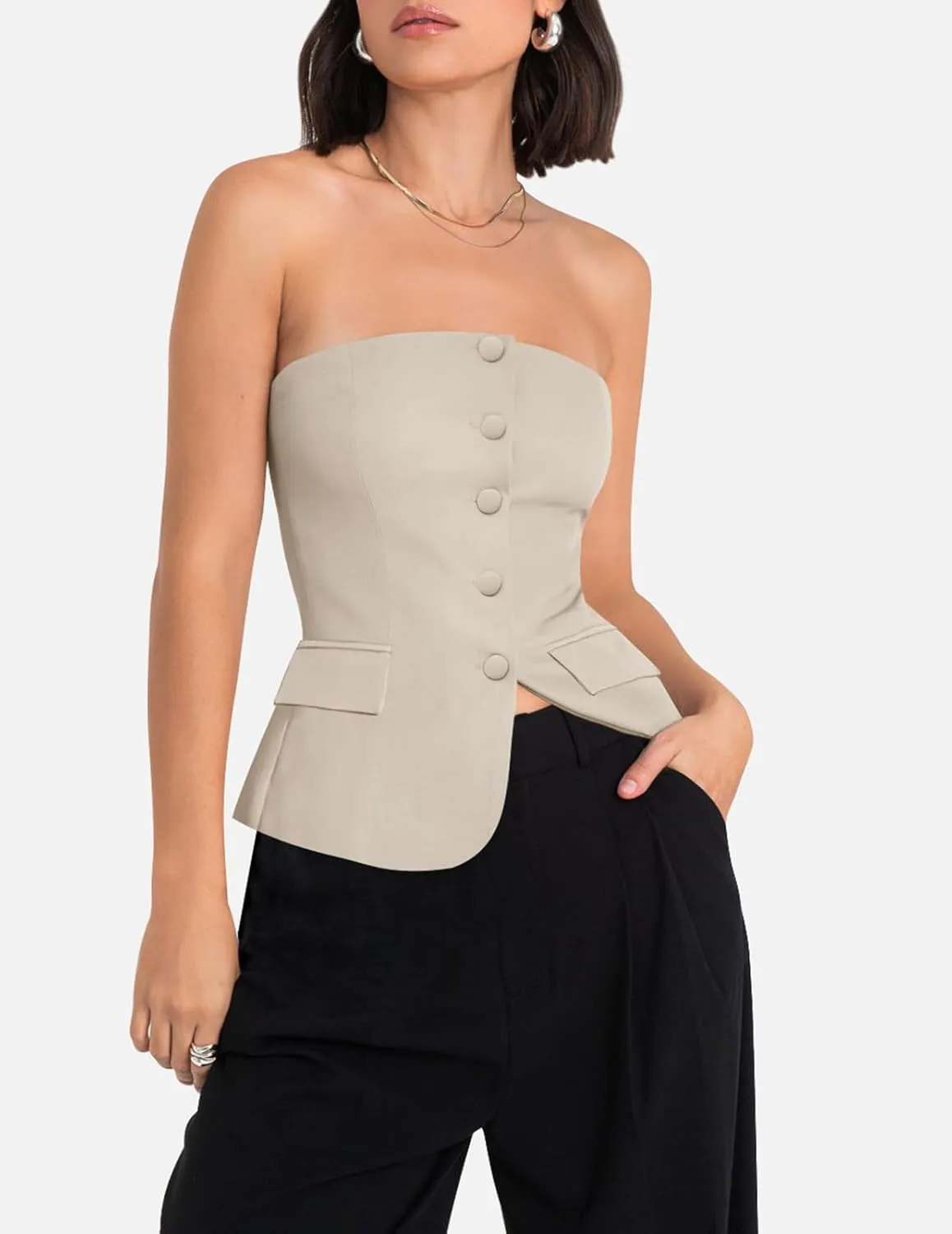 Yousify Womens Strapless Smocked Tube Top Sleeveless Button Fitted Blazer Vest 2025 Work Business Casual Tank Tops