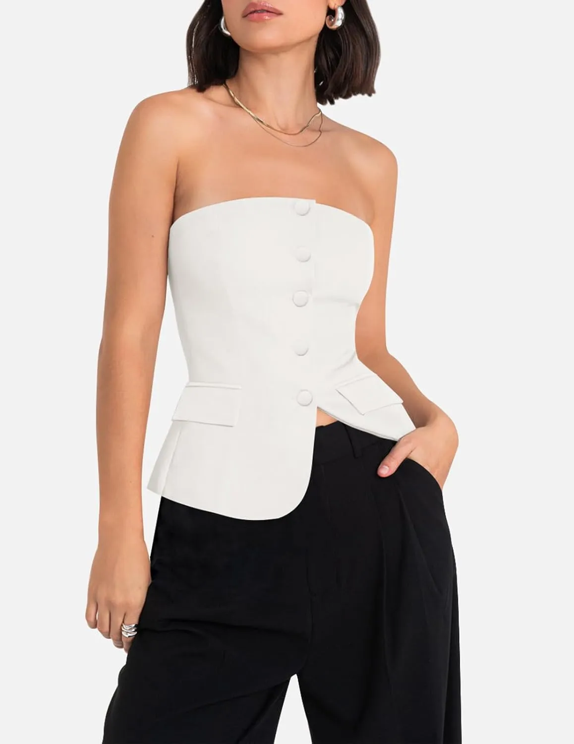 Yousify Womens Strapless Smocked Tube Top Sleeveless Button Fitted Blazer Vest 2025 Work Business Casual Tank Tops