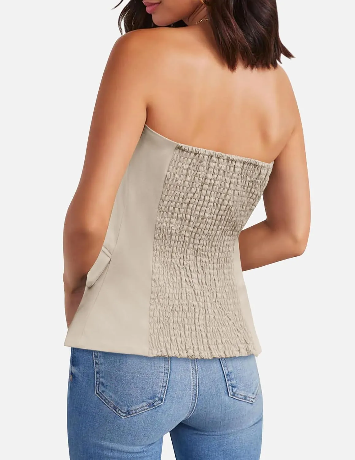 Yousify Womens Strapless Smocked Tube Top Sleeveless Button Fitted Blazer Vest 2025 Work Business Casual Tank Tops