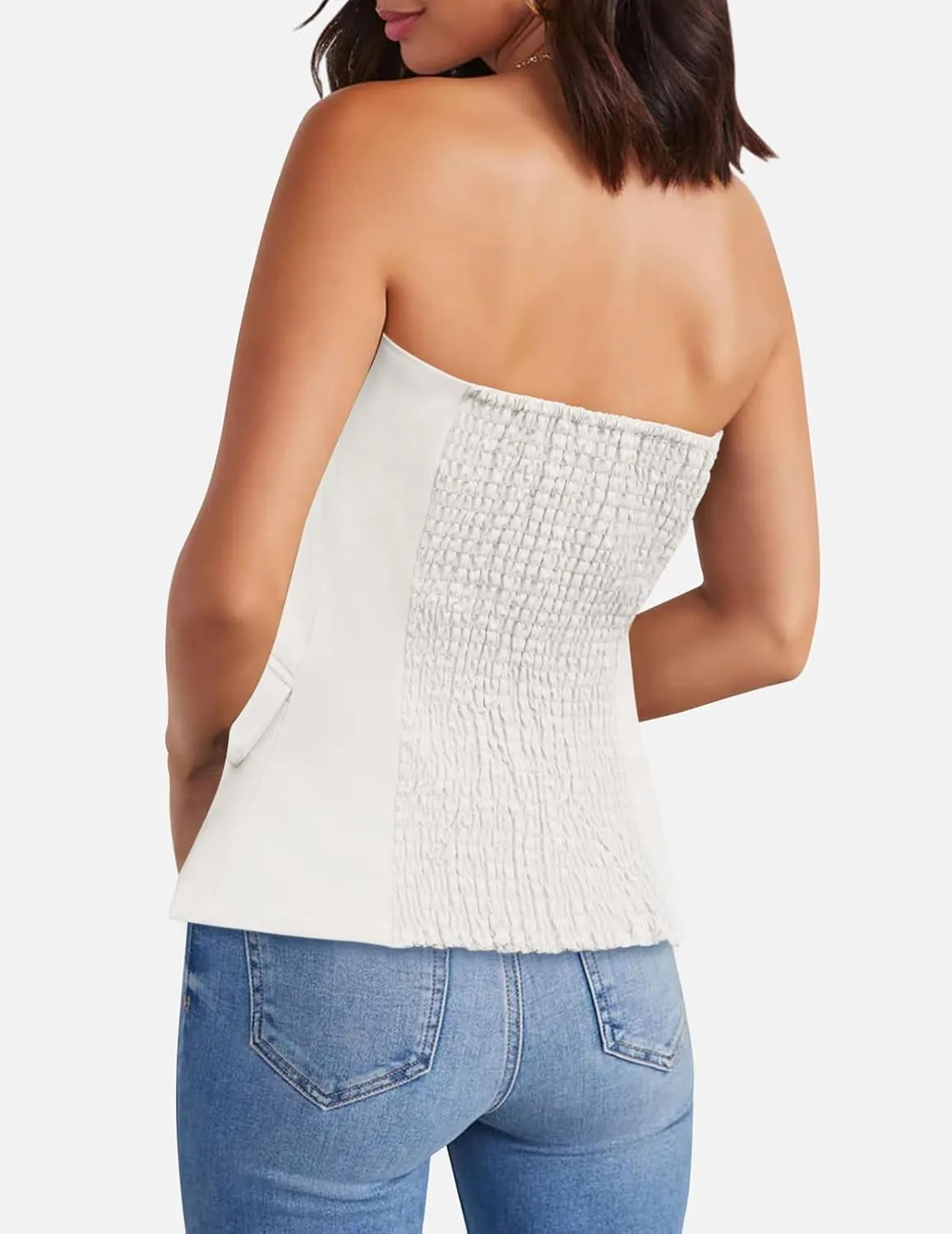 Yousify Womens Strapless Smocked Tube Top Sleeveless Button Fitted Blazer Vest 2025 Work Business Casual Tank Tops