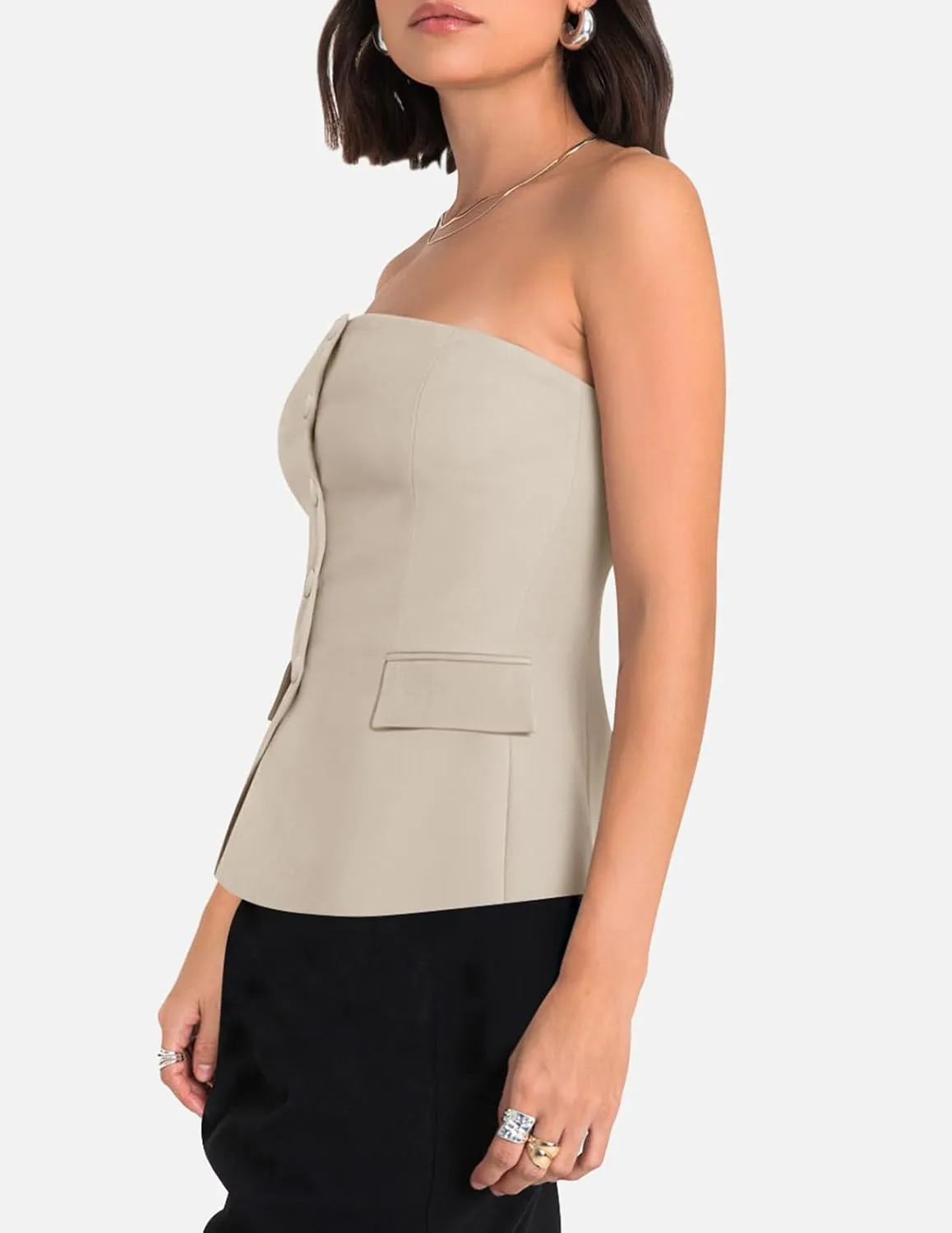 Yousify Womens Strapless Smocked Tube Top Sleeveless Button Fitted Blazer Vest 2025 Work Business Casual Tank Tops