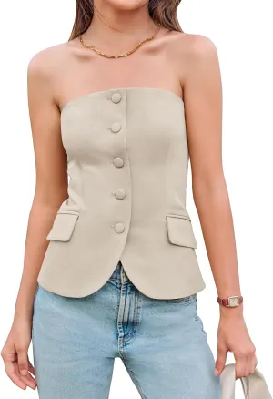 Yousify Womens Strapless Smocked Tube Top Sleeveless Button Fitted Blazer Vest 2025 Work Business Casual Tank Tops