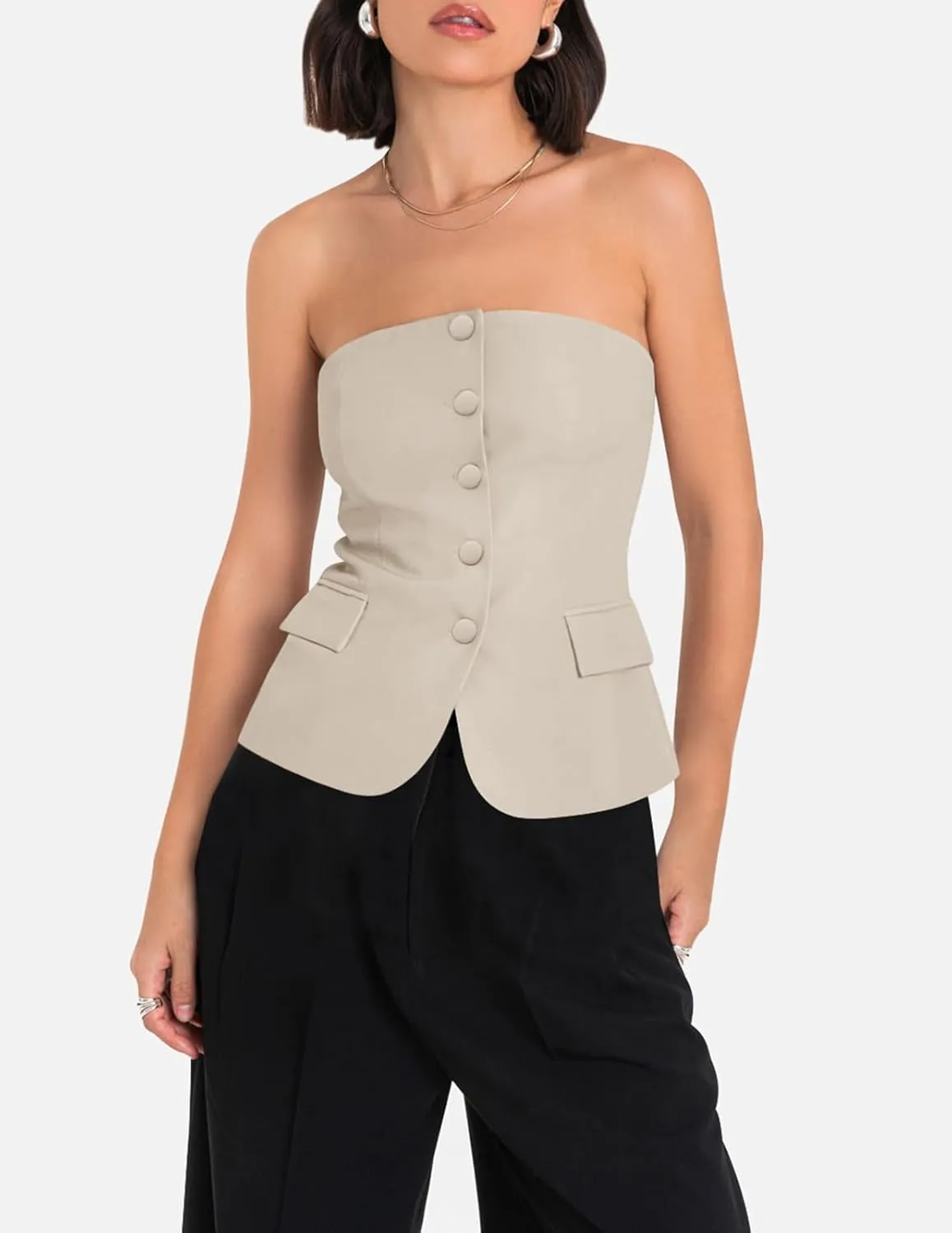 Yousify Womens Strapless Smocked Tube Top Sleeveless Button Fitted Blazer Vest 2025 Work Business Casual Tank Tops