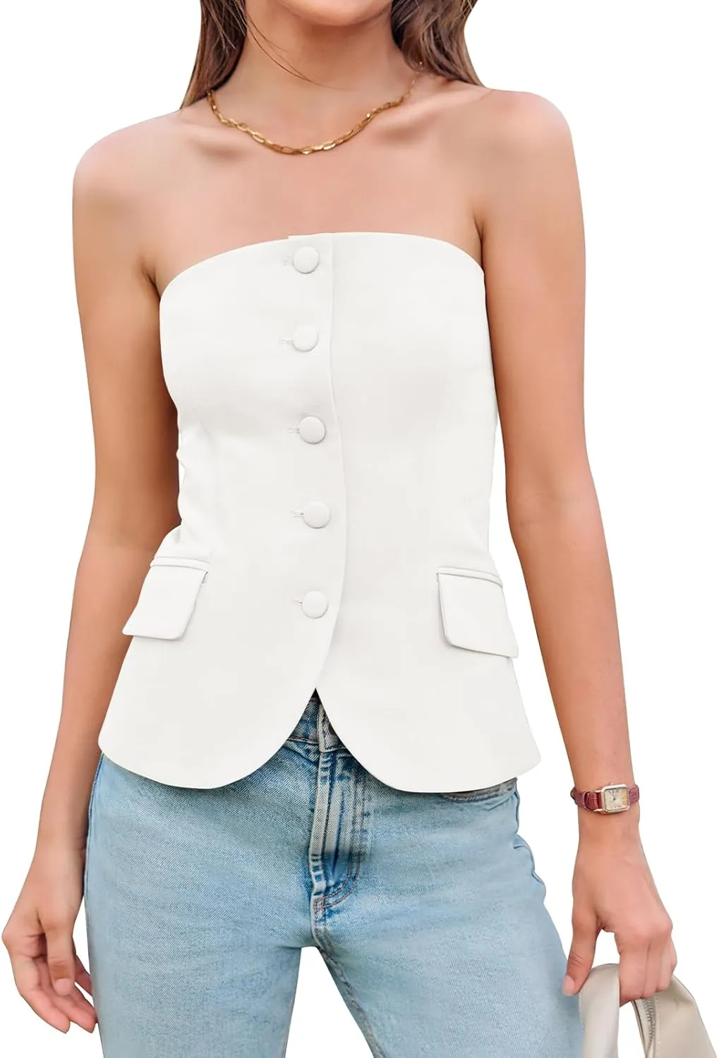 Yousify Womens Strapless Smocked Tube Top Sleeveless Button Fitted Blazer Vest 2025 Work Business Casual Tank Tops