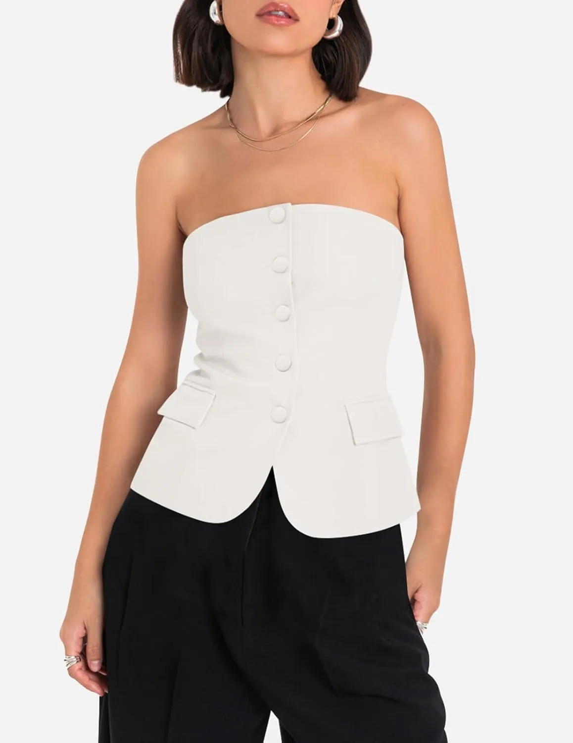 Yousify Womens Strapless Smocked Tube Top Sleeveless Button Fitted Blazer Vest 2025 Work Business Casual Tank Tops